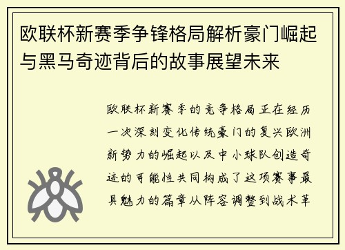 欧联杯新赛季争锋格局解析豪门崛起与黑马奇迹背后的故事展望未来